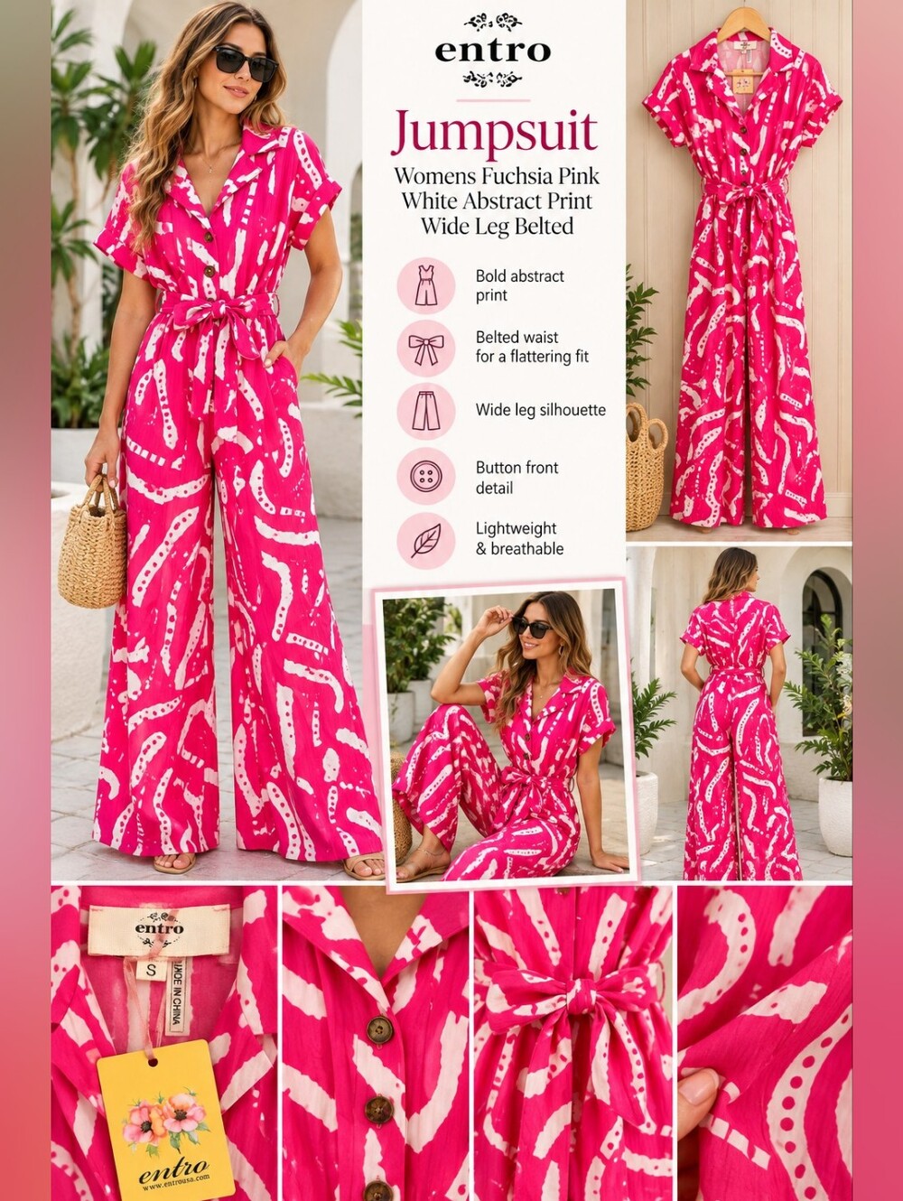 NWT Entro Fuchsia Pink & White Abstract Print Wide-Leg Belted Jumpsuit